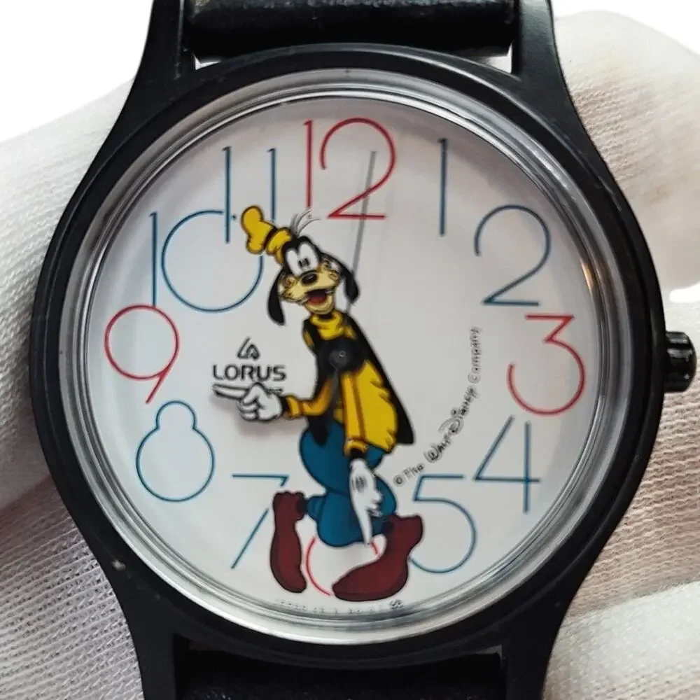 Vintage Lorus Disney Goofy Large Face Watch Black Case Multicolor Dial